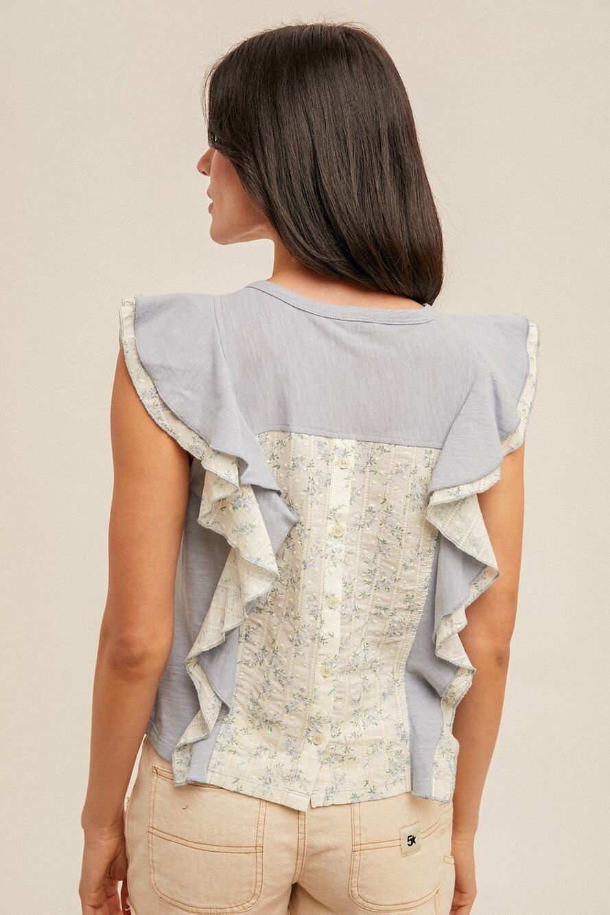 Daisy Print Contrast Flutter Ruffle Top